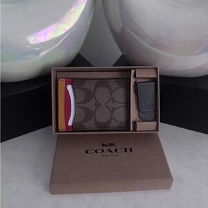 Coach Men's Signature Canvas Card Case with Money Clip - Brown/Multicolor